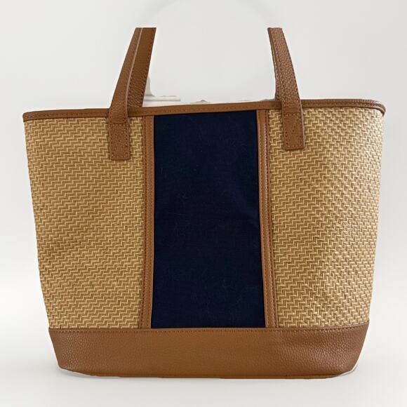 Thirty-One Dream Big Woven Straw Pattern with Navy Blue Panel Tote Bag 16x11x5 - Picture 1 of 6